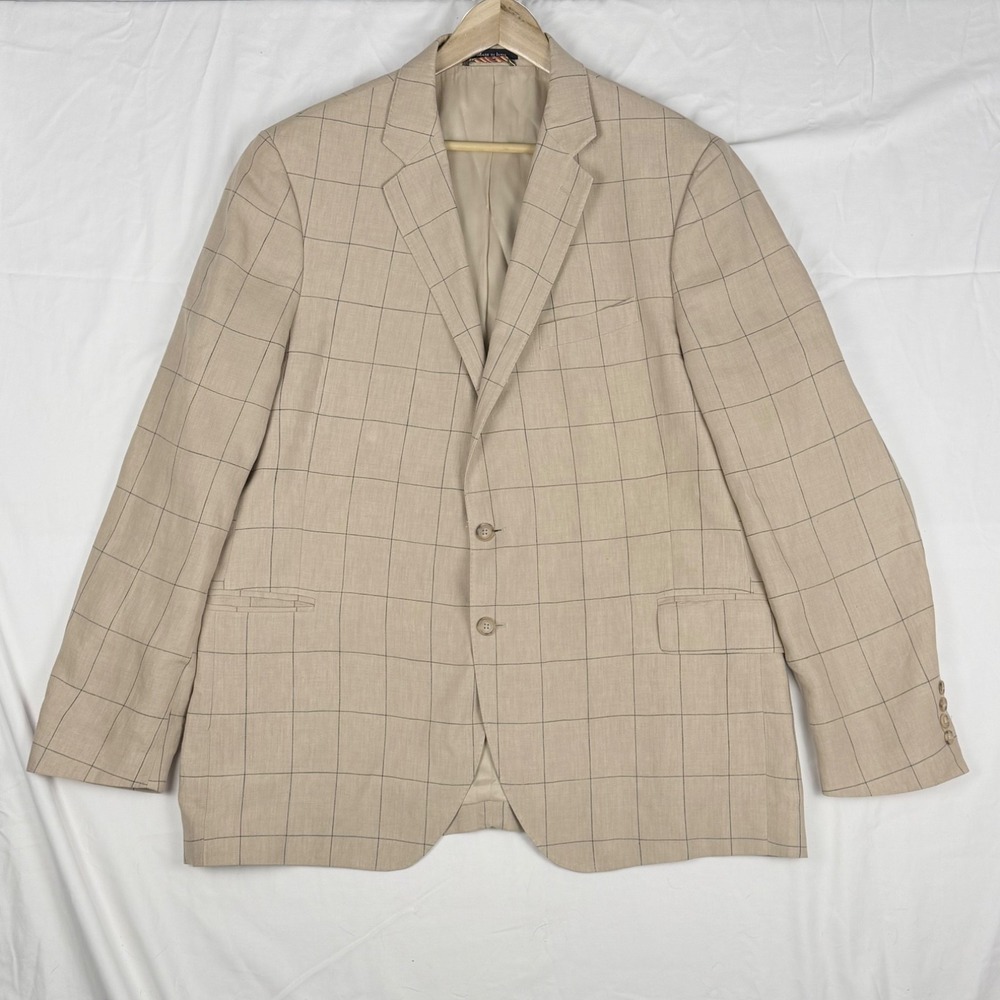 Lands End Sport Coat Blazer Tan Window Pane 100% Linen Country Club